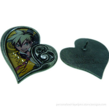 Heart Shaped Antique Resin Dome Personalized Lapel Pins With Butterfly Clutch